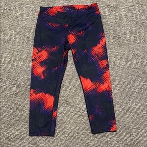 Athleta Vibrant Red and Blue Leggings with Tie-Dye Design